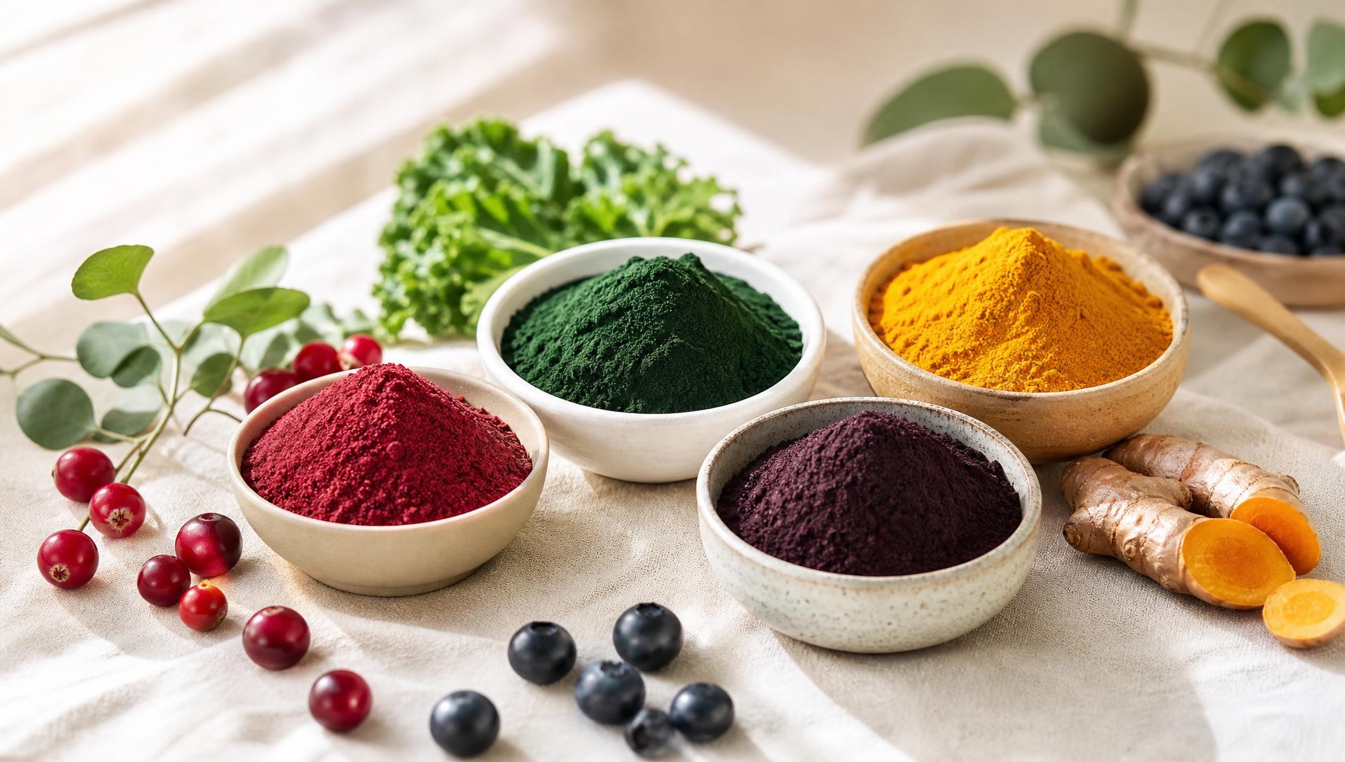 van Mel & Co. organic superfood powders in ceramic bowls with fresh berries and botanicals